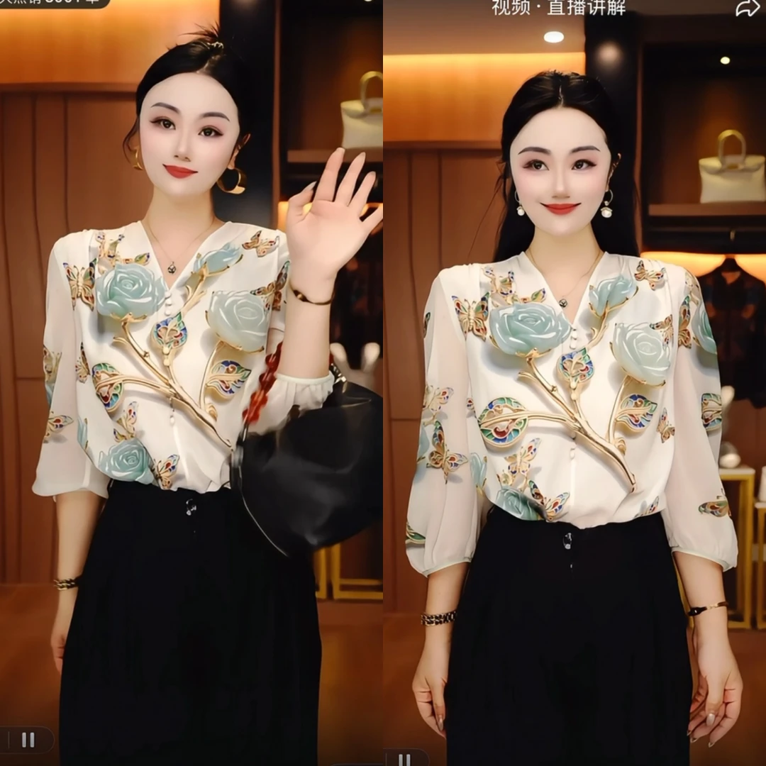 V领花朵印花小衫2025夏季新款洋气轻薄透气妈妈装七分袖T恤衬衣