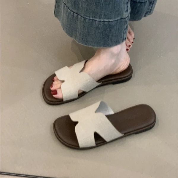 NQL-819-3平底时装凉拖鞋女韩版极简约亚麻简约百搭度假一字拖鞋