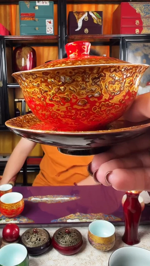 金玉满堂三才盖碗-太古大漆