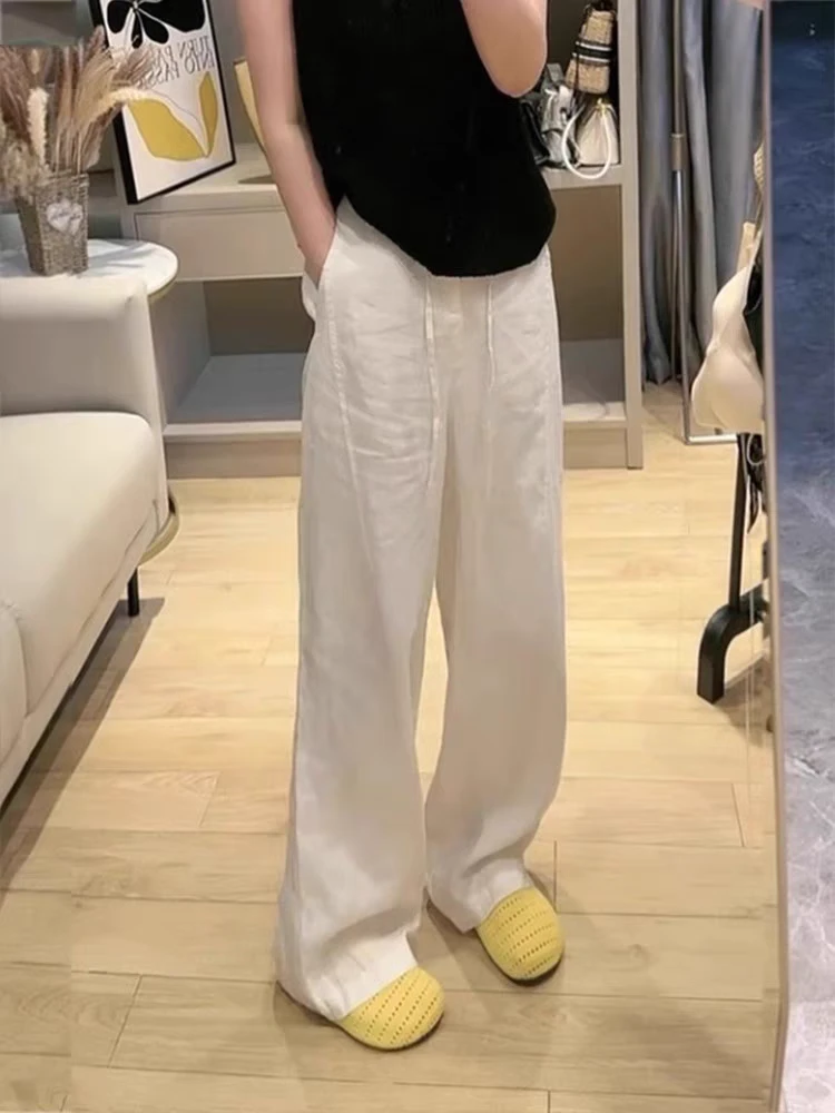 白色亚麻休闲裤女夏季薄款大码胖mm宽松显瘦垂感高腰百搭阔腿裤