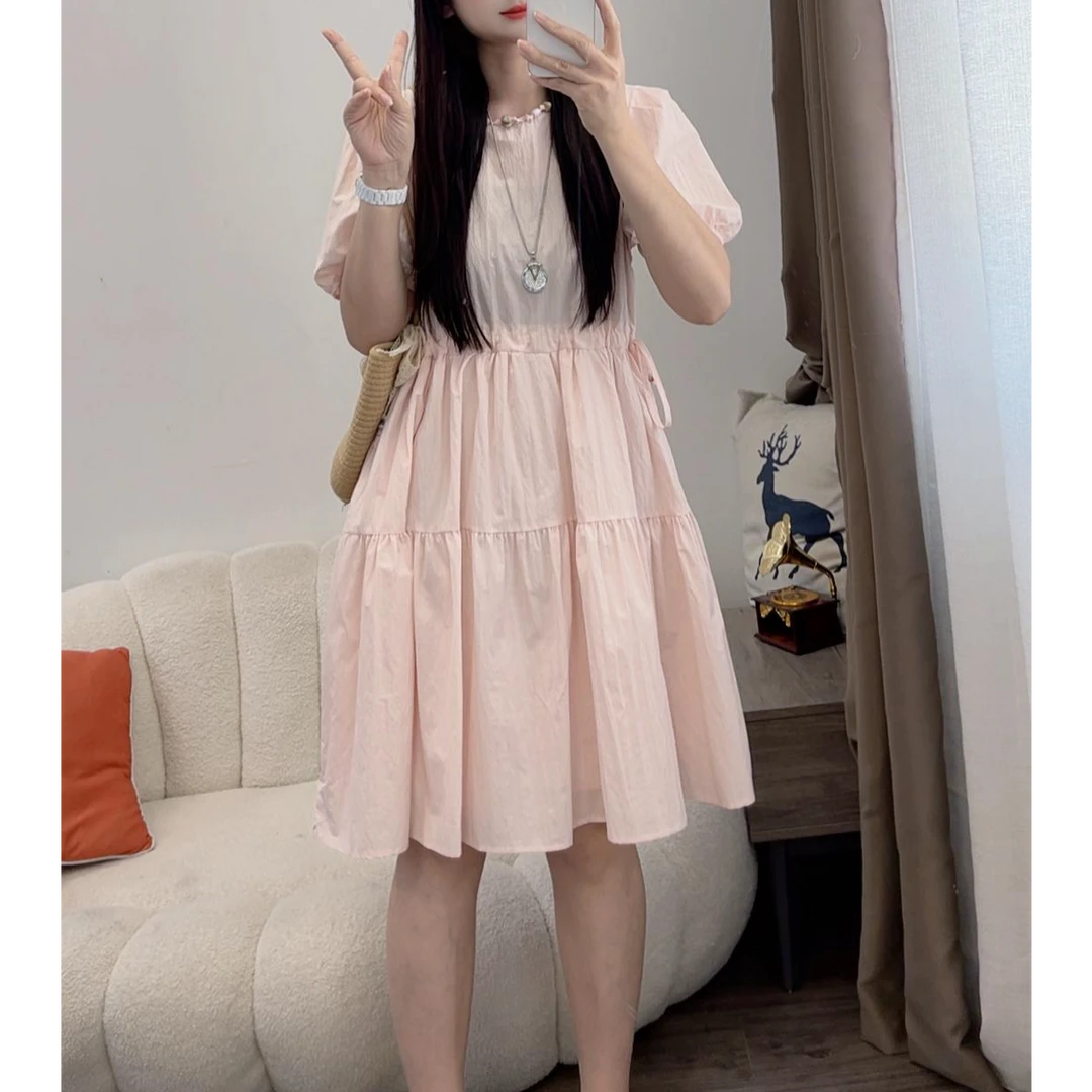 连衣裙女夏新韩版时尚圆领泡泡袖收腰显瘦连衣裙休闲中裙DYY2899