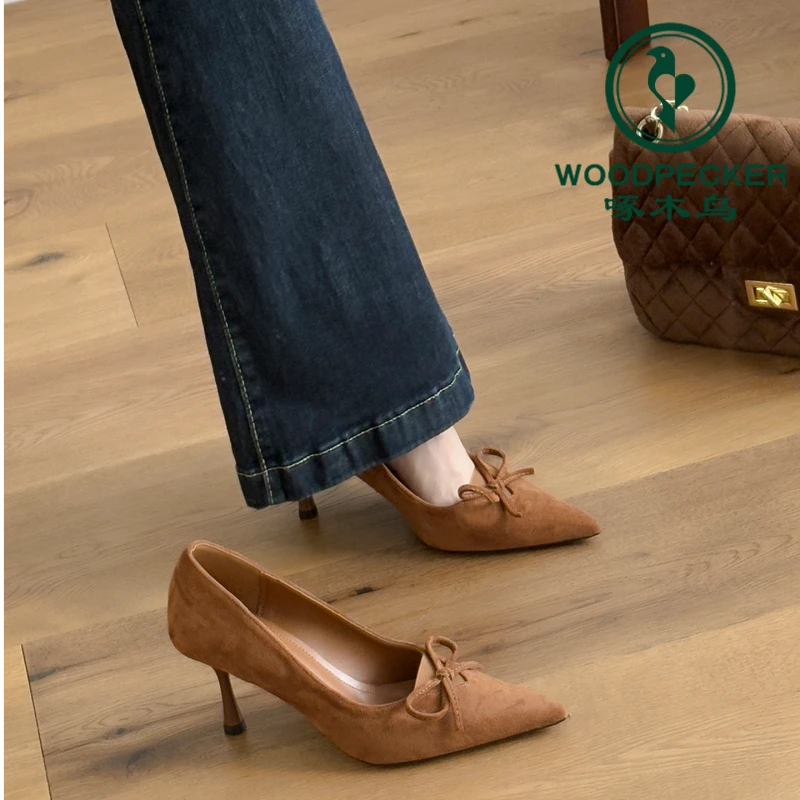 啄木鸟复古气质一脚蹬职业高跟鞋女蝴蝶结绒面尖头细跟浅口单鞋