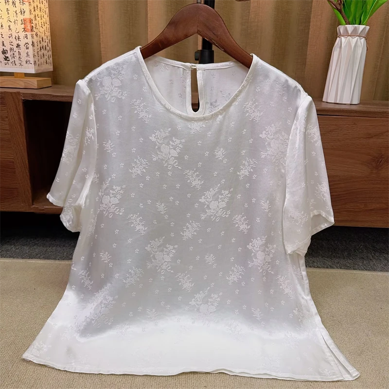 『若离』新中式国风重磅提花两色短袖2025新款高级感显气质圆领T