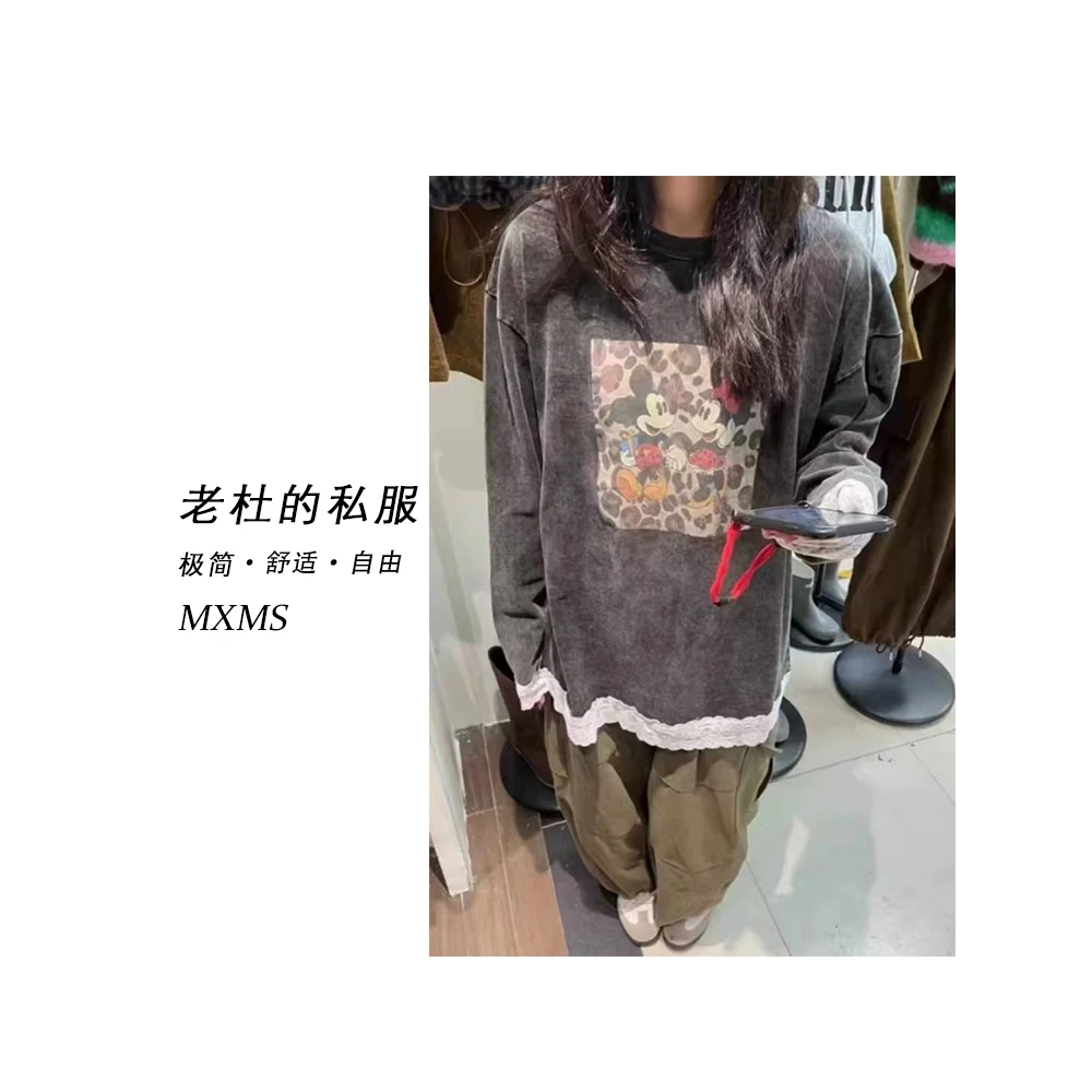 （麦欢尼）N2262-“经典豹纹”卡通图案袖口蕾丝花边圆领打底衫