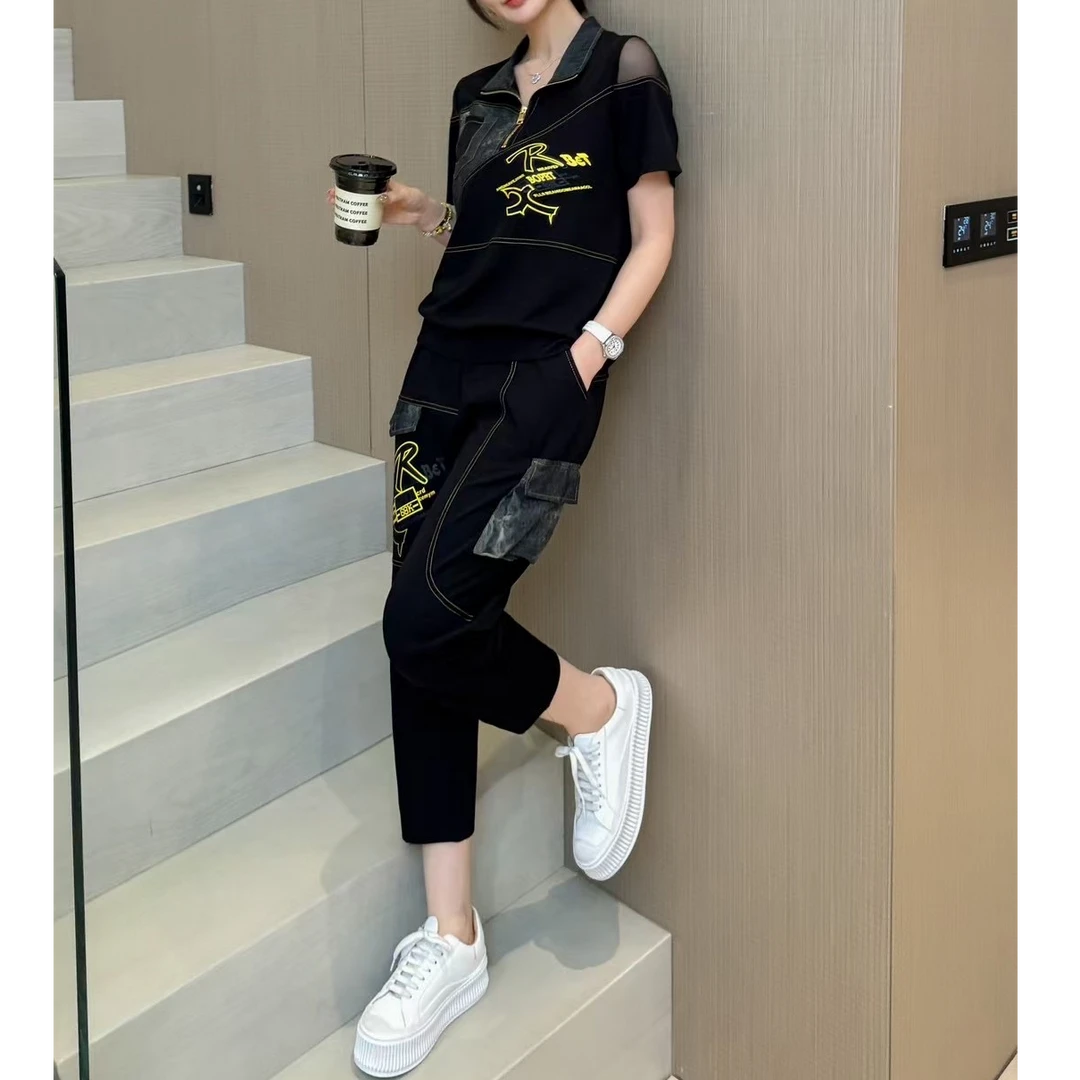 小施家设计版牛仔拼接蕾丝肩英文图案显高显瘦休闲套装615