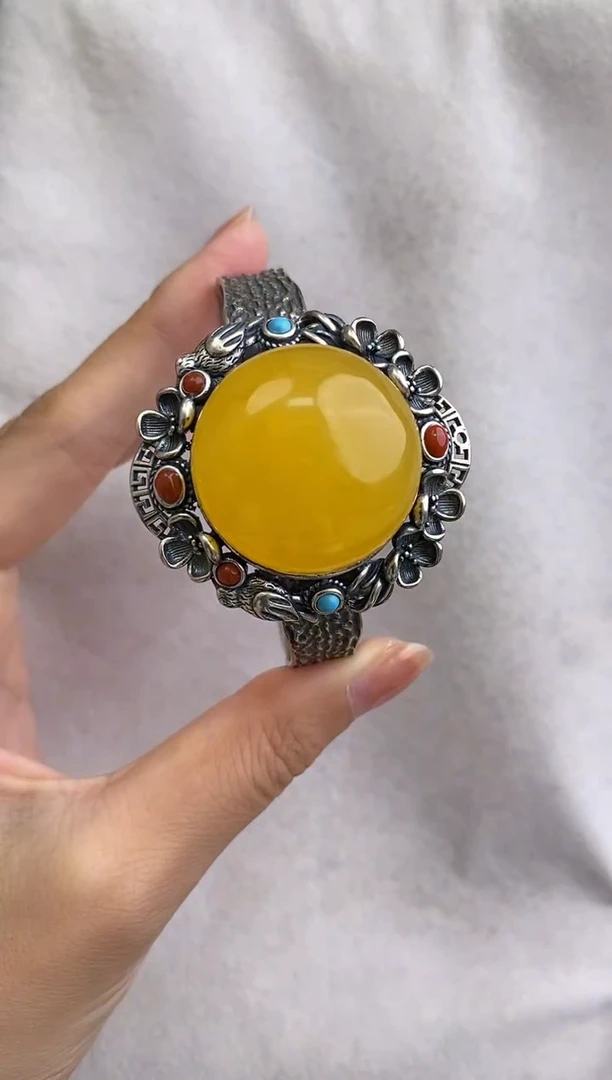 银S925镶嵌琥珀裸石10606049-手镯