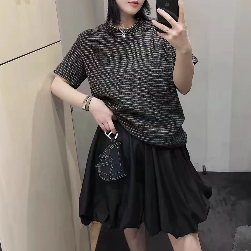 仿兔毛绒手感小标圆领短袖T恤女春季新款条纹宽松显瘦打底衫25008