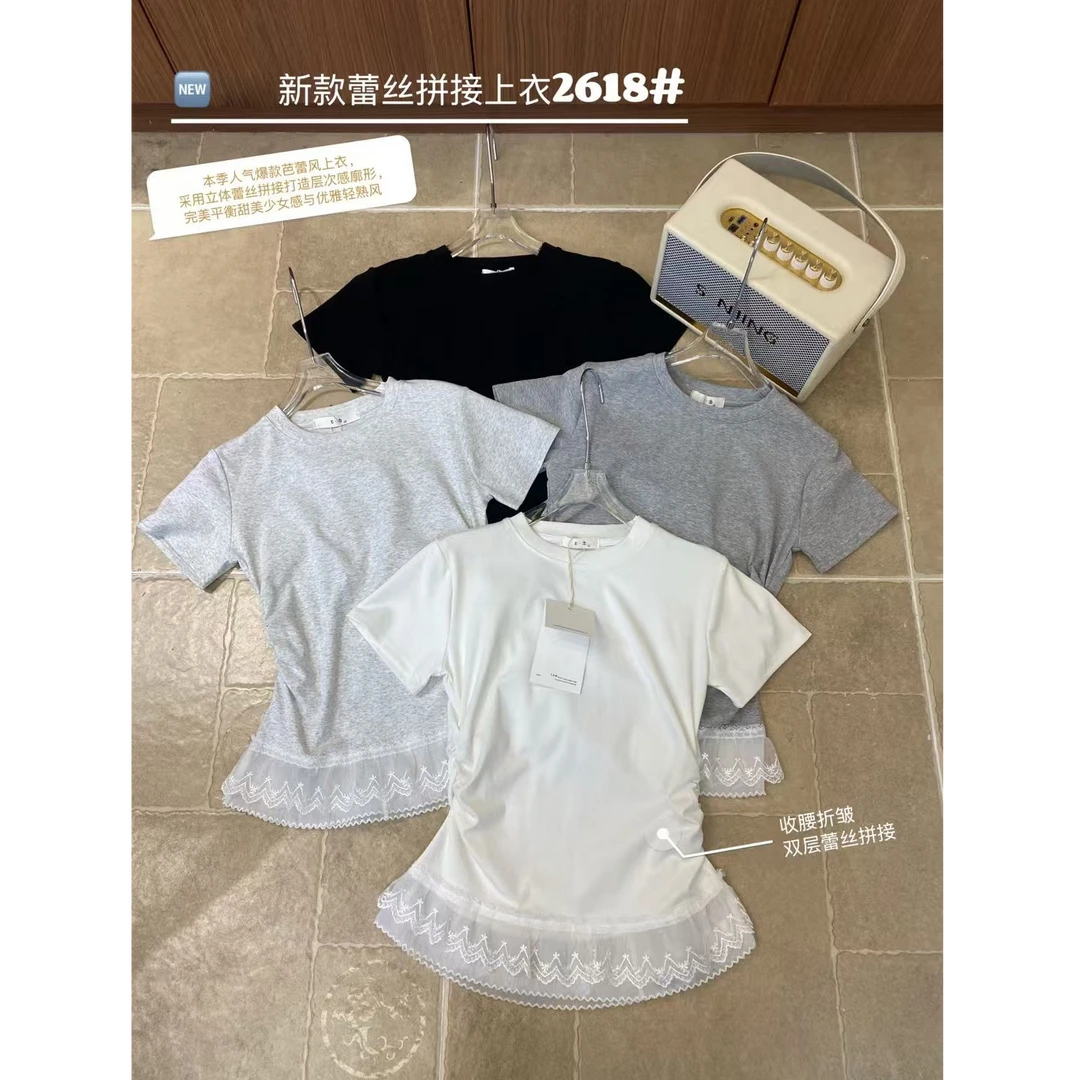 2025春夏新款法式蕾丝边拼接白色短袖t恤女甜美短款正肩收腰上衣