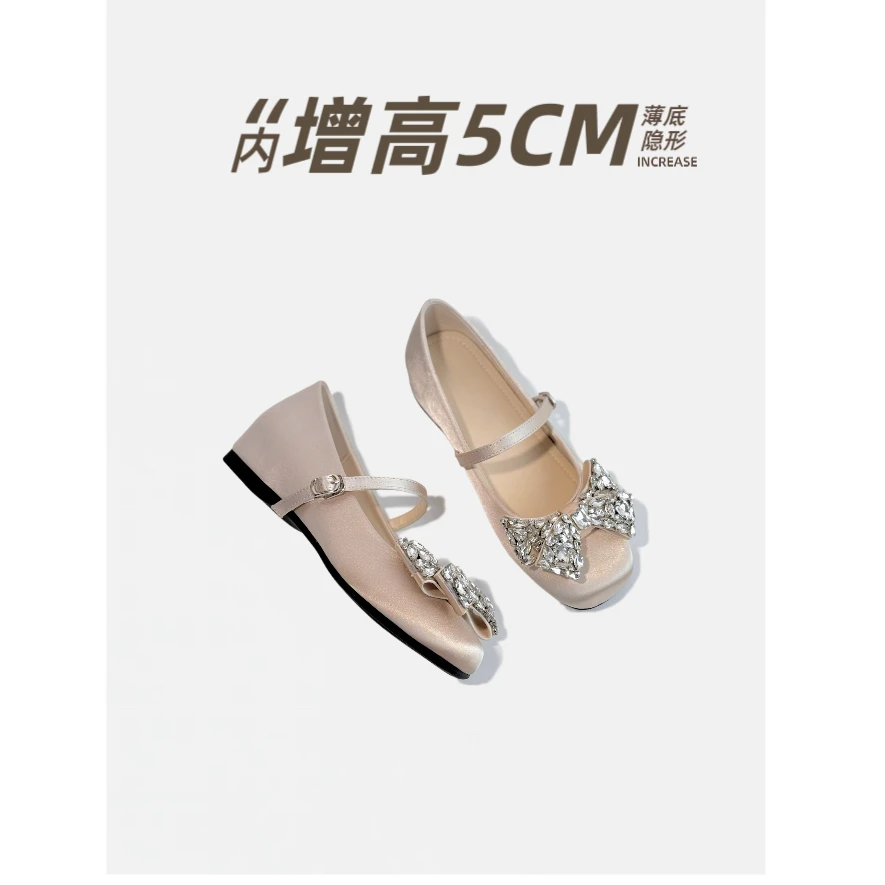 SENYU 露丝同款~粉色蝴蝶水钻内增高玛丽珍鞋女绸缎芭蕾风单鞋