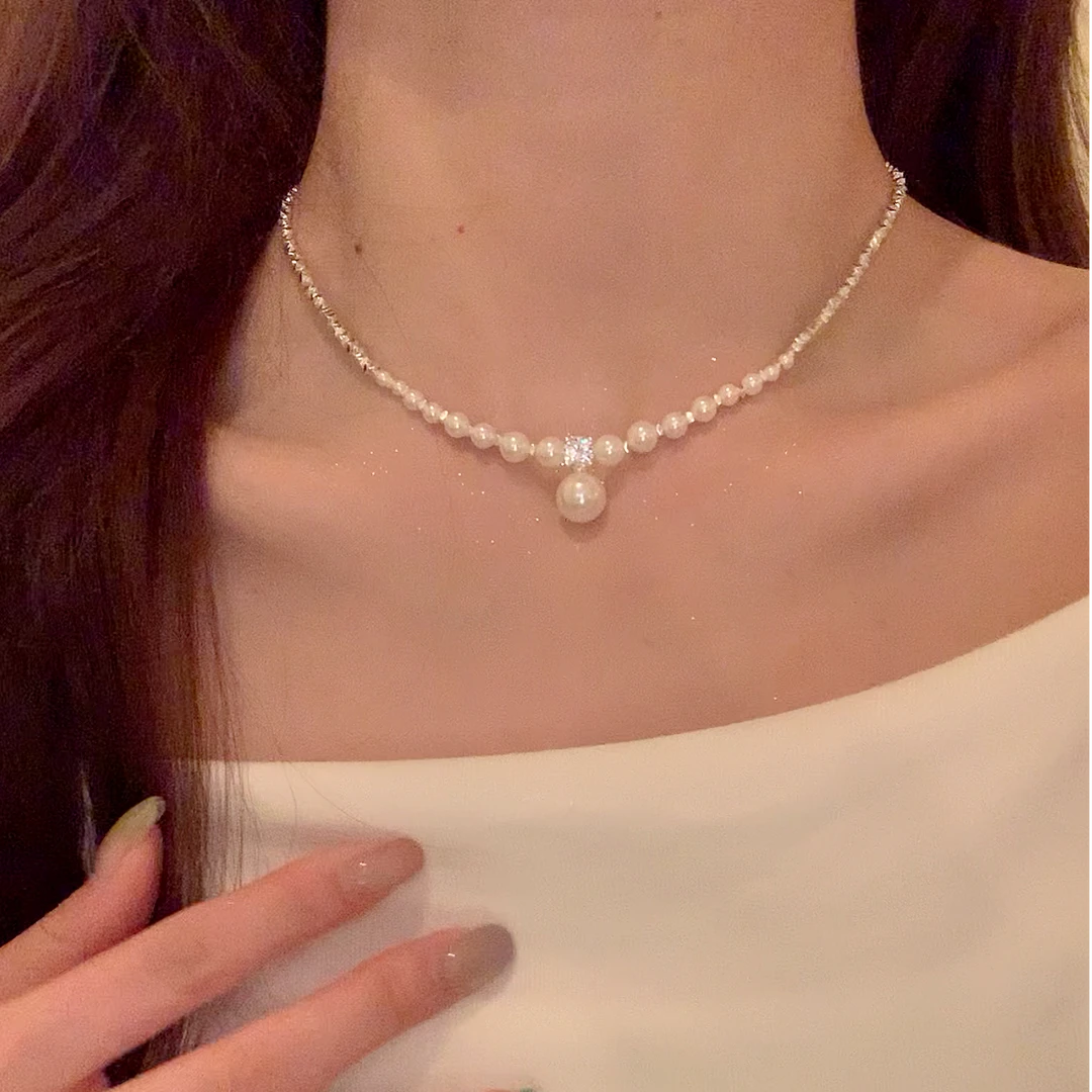 合金锆石项链 春夏轻奢闪锆碎银珠珠项链女气质高级感颈链锁骨链