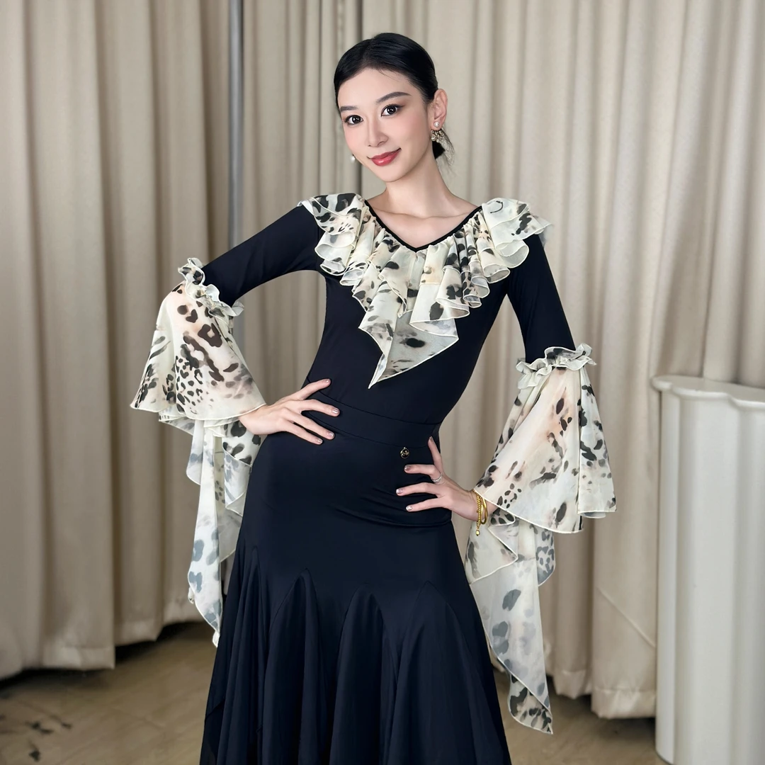 25年秋冬新款交谊舞双人舞国标女士摩登舞上衣跳舞飘纱练功服H910