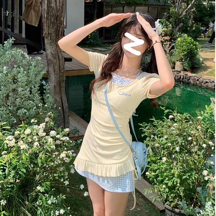 【可爱猫猫】甜美挂脖假两件连衣裙针织短袖女夏季小个子假两件显瘦