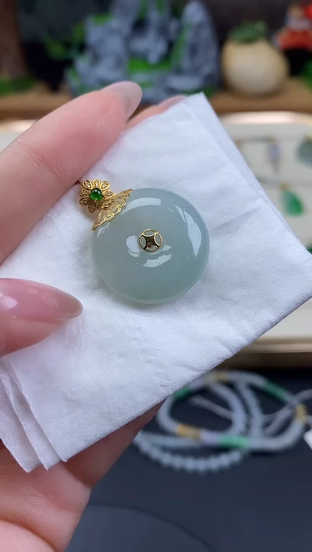 吊坠(不含链)18K金镶嵌翡翠平安扣18K金扣镶嵌@@CMT