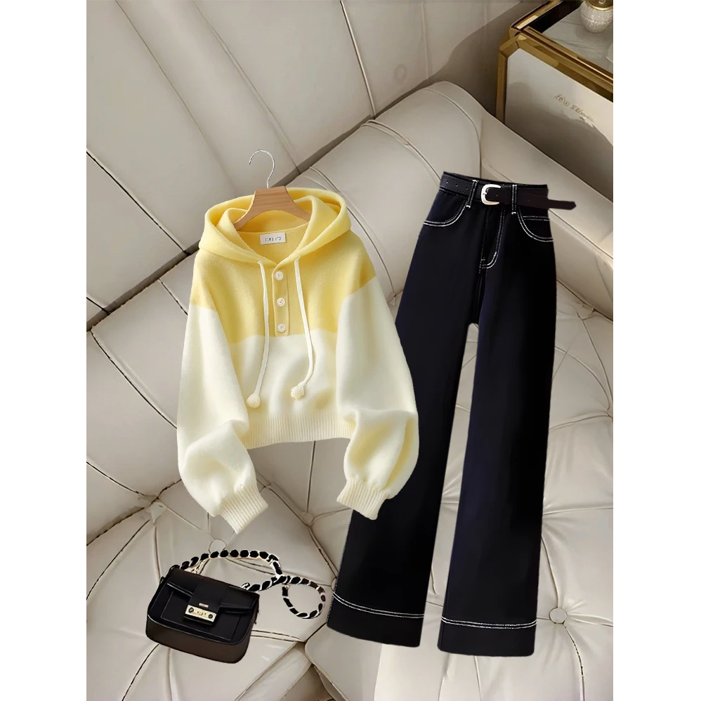 韩式撞色柠檬黄连帽针织毛衣女秋季新款小个子深色休闲裤两件套装