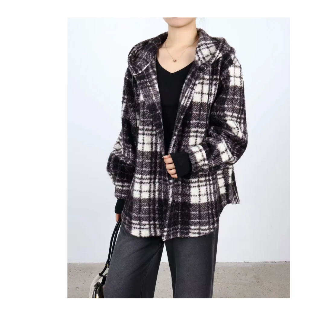 三哈宫-《衬衫外套》轻盈加厚圈圈泰迪绒松木格连帽衬衫外套女士