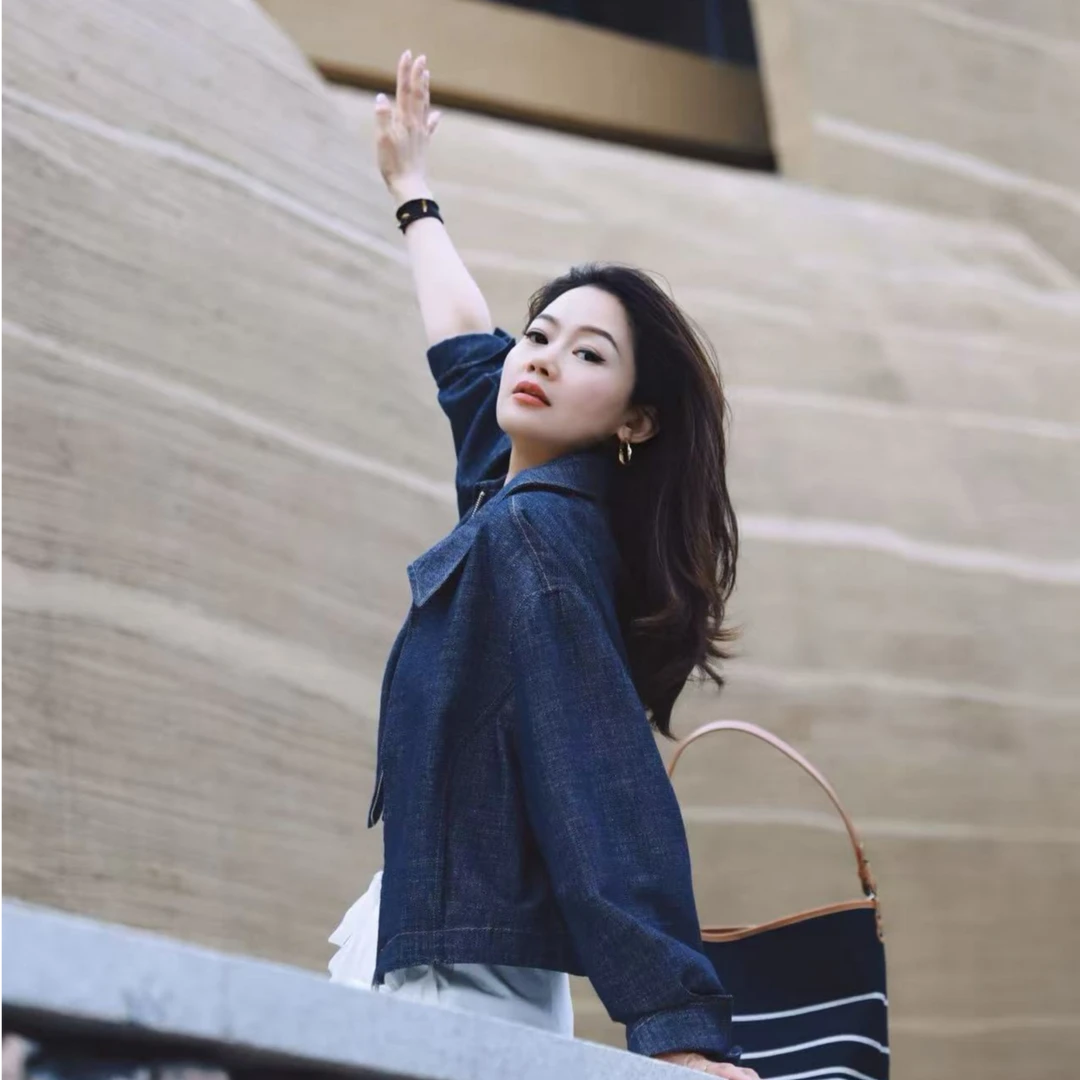 哲思凡女装亚麻牛仔夹克拉链蓝色外套百搭洋气时尚复古休闲秋新款