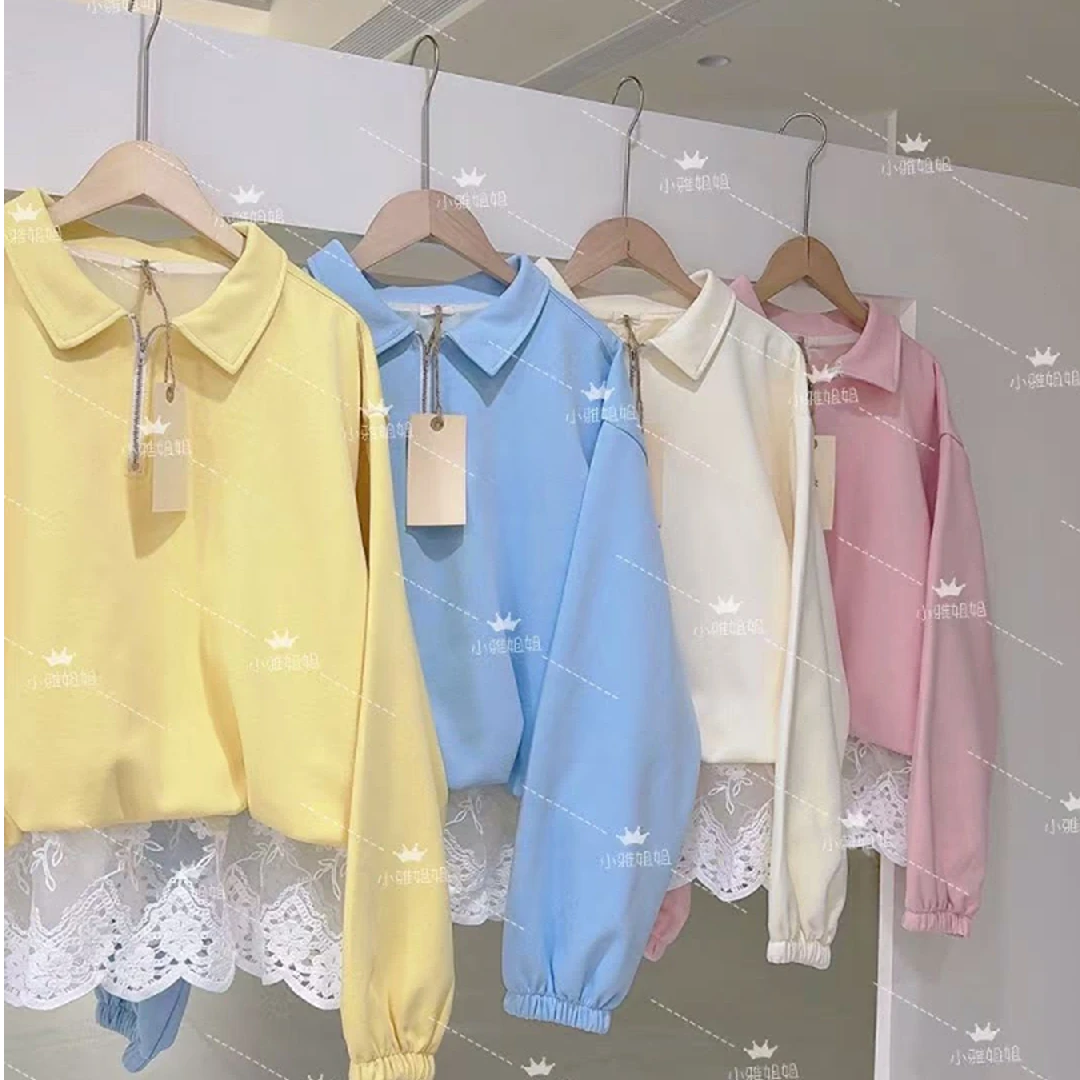 小雅姐姐  韩系翻领半拉链蕾丝花边拼接甜美休闲卫衣IN23