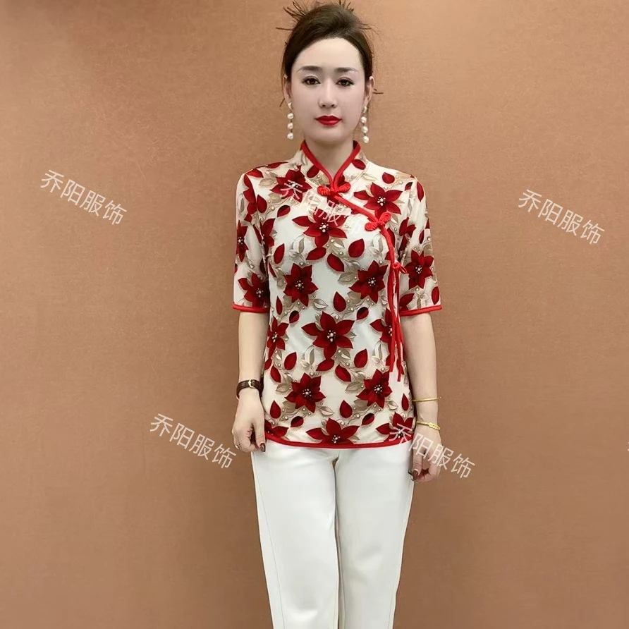 夏季夏装新款中老年气质妈妈装盘扣套头短袖中老年人妈妈装夏装