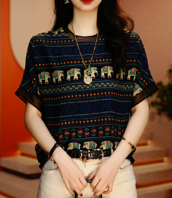 异域象纹-夏季新款高级感洋气时尚百搭显瘦短袖圆领上衣