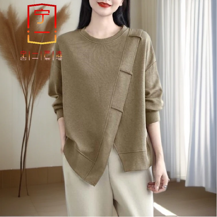 【宁一女装】时尚洋气显瘦大码女休闲文艺春季打底衫T恤纯色不对称