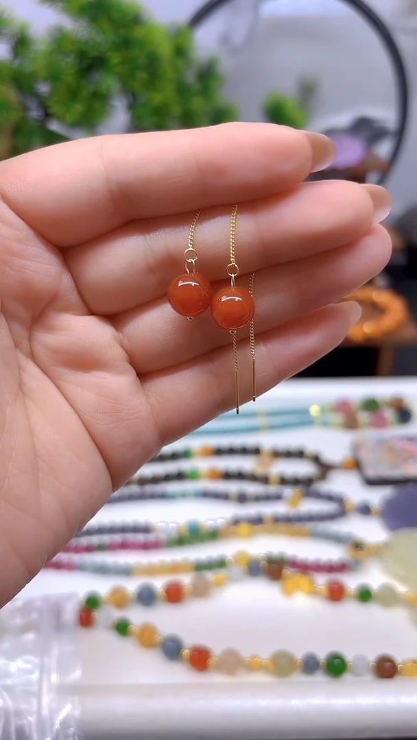 银S925镀金镶嵌南红玛瑙耳饰E707