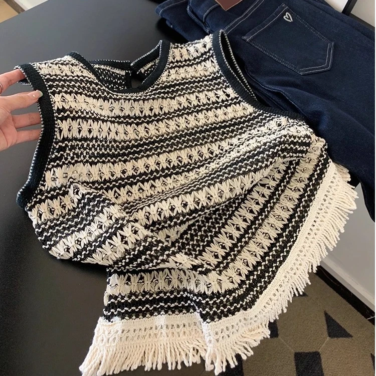 【现货+运费险】针织背心女夏外穿复古宽松慵懒风镂空坎肩无袖上衣
