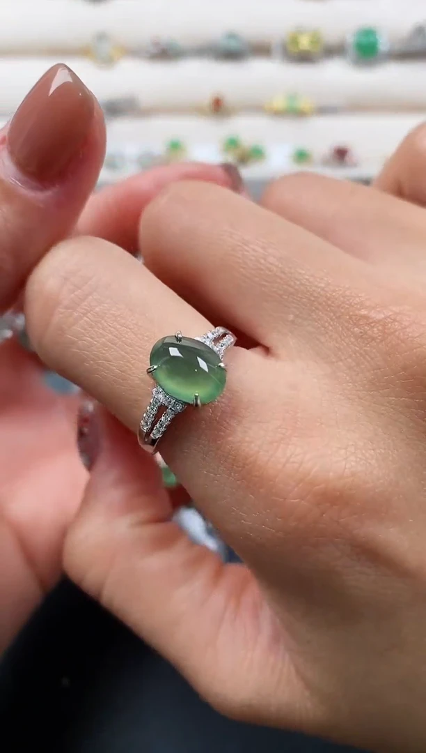 银S925镶嵌戒指翡翠天然缅甸A货翡翠33  8-