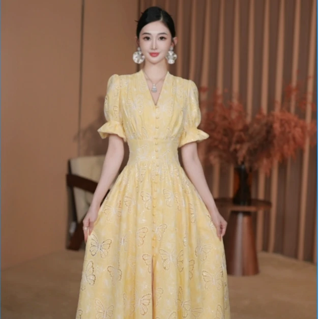 东东定制【黄蝴蝶】25年夏季新品重工收腰显瘦短袖连衣裙