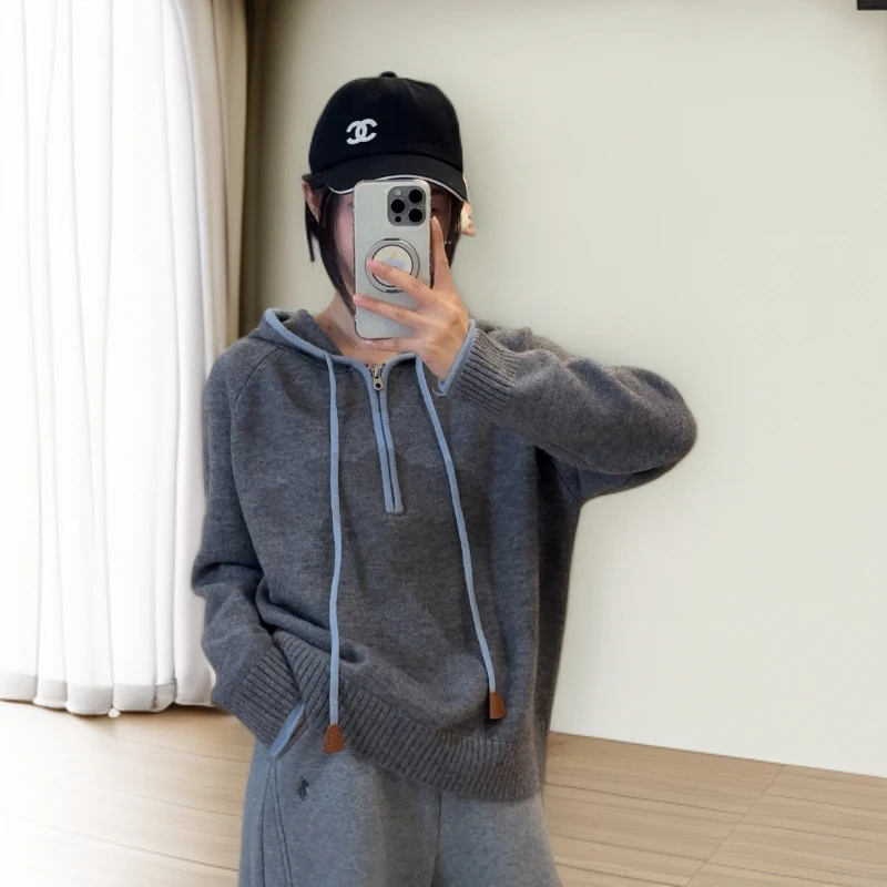 宿慕SUMU韩版百搭宽松撞色针织毛衣11-2时尚连帽半拉链毛衣28390