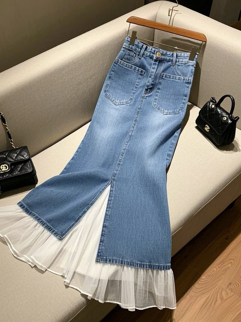 2025夏季新款女洋气温柔风拼接a字半身裙高腰显瘦包臀鱼尾中长裙