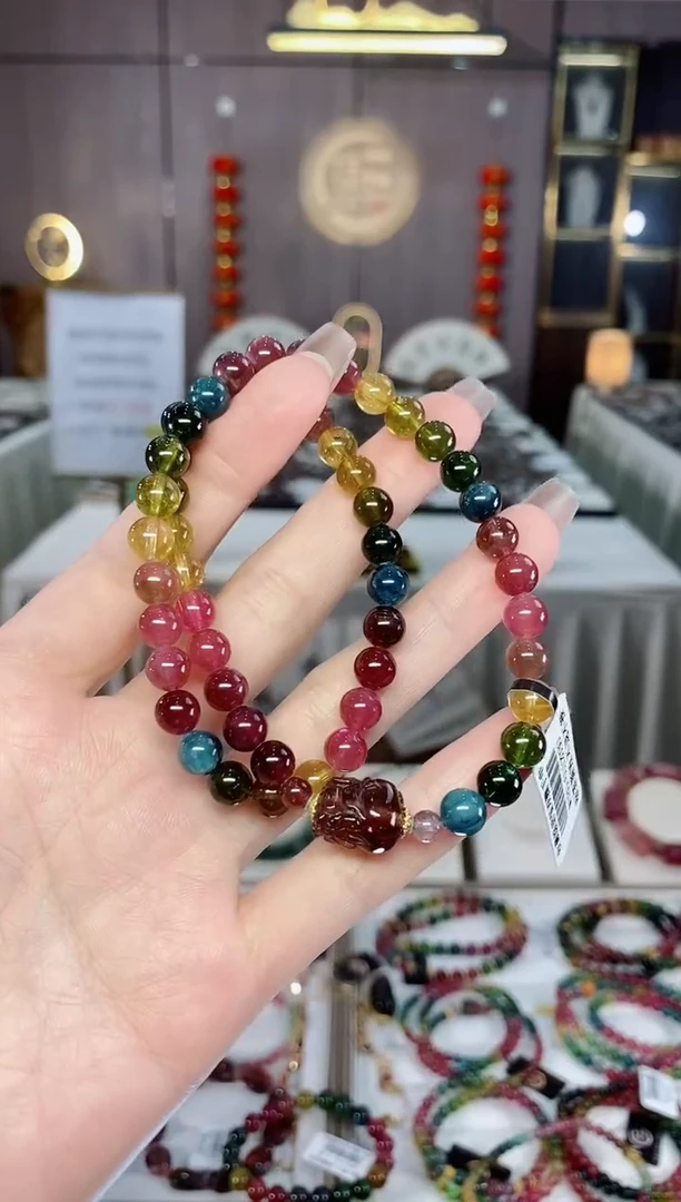 老矿碧玺色标彩虹透体两圈手串6mm+未镶嵌碧玺dan多样性发货一条