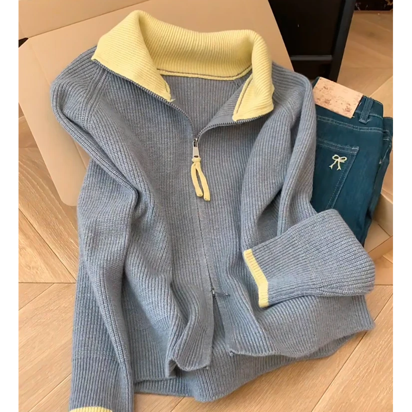 大码洋气双拉链拼色翻领针织开衫女2025秋冬新款慵懒宽松遮肉毛衣