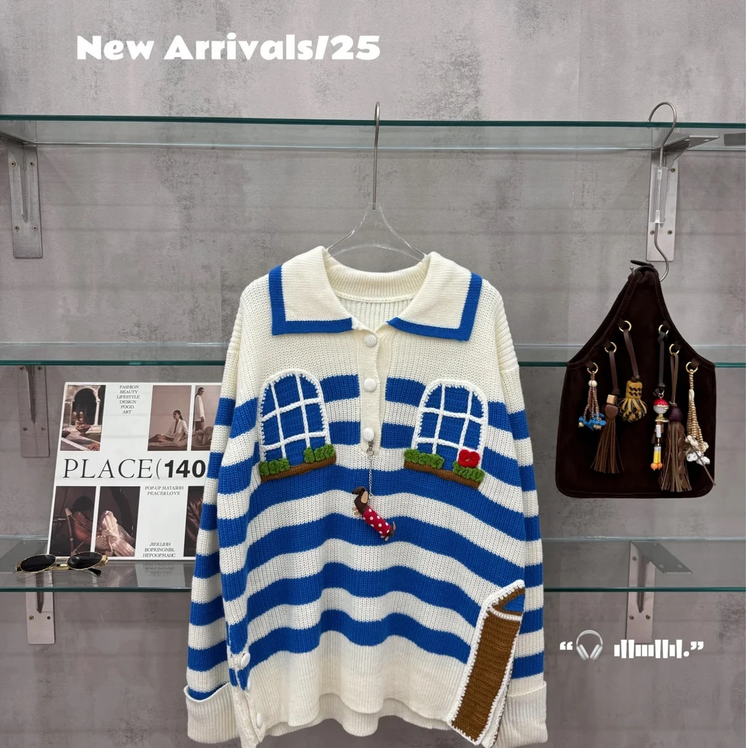 【方方定制】2025秋季新品 针织口袋条纹刺绣毛衣 F012