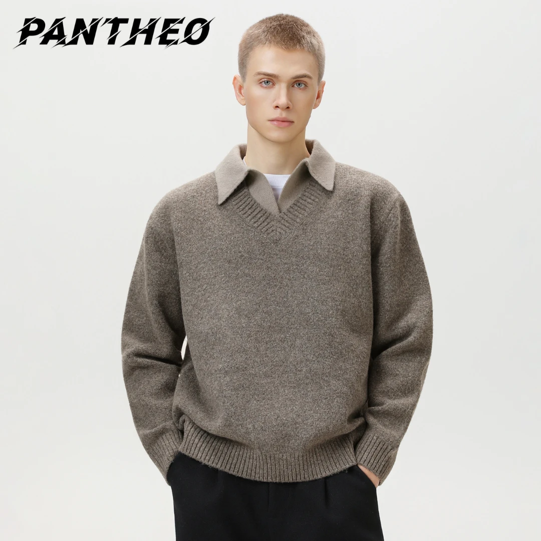 复古老钱假两件翻领毛衣男秋冬款高级感Polo领针织衫保暖加厚外套