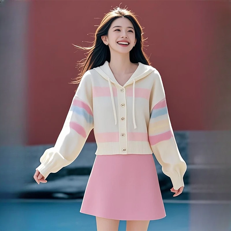 香朵儿慵懒风连帽针织衫女士2025年春秋新款拼色洋气毛衣上衣外套