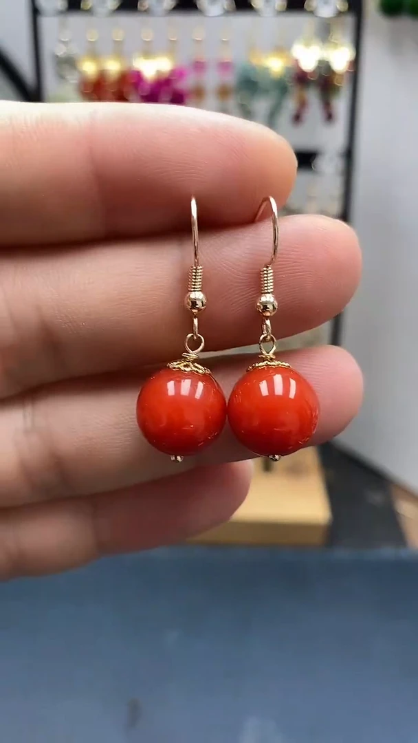 银S925镀金镶嵌南红玛瑙耳饰尺寸12mmC4