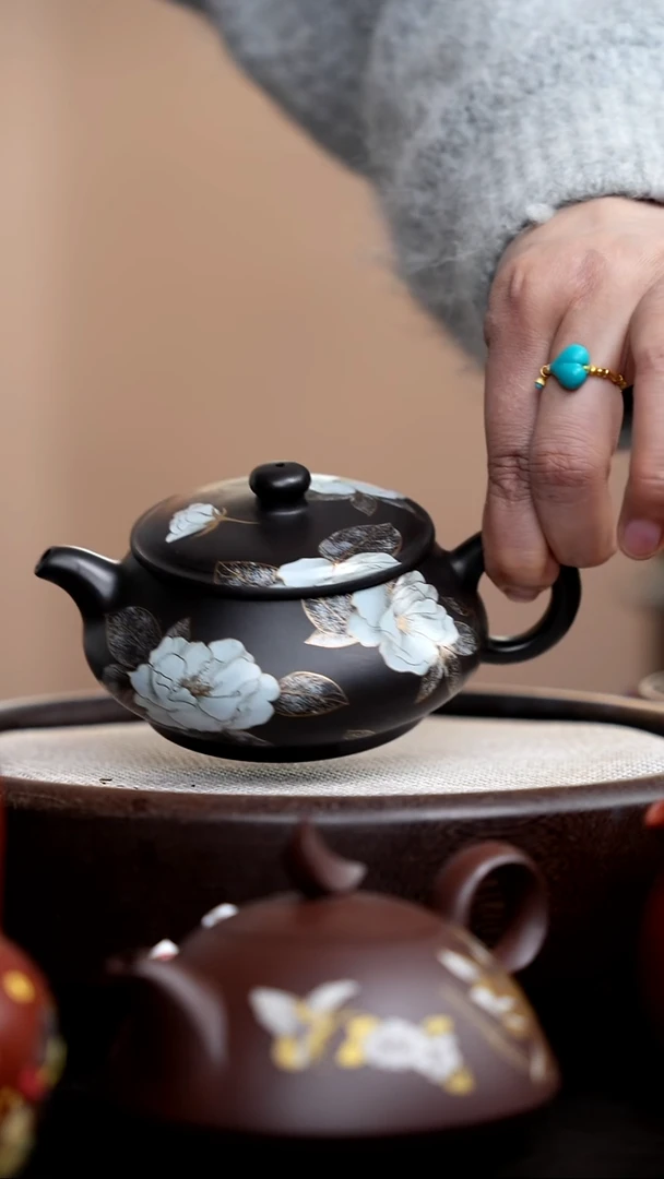 茶壶紫砂捂灰朱泥银牡丹明炉