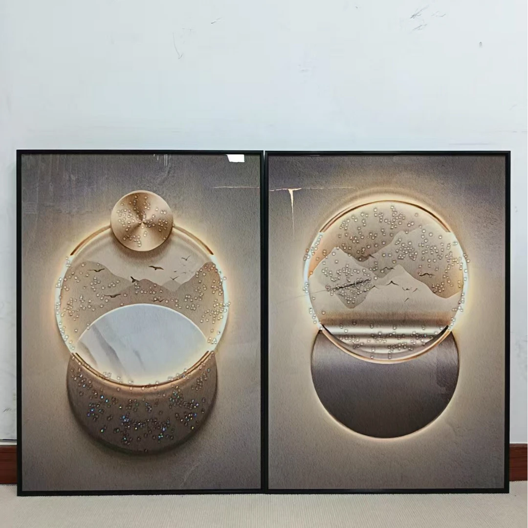 晶瓷镶钻简约大气轻奢客厅两联晶瓷画百搭沙发背景墙壁画圆球5070