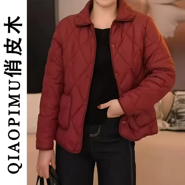 春秋新款翻领复古菱格短款棉衣时尚保暖棉服外套