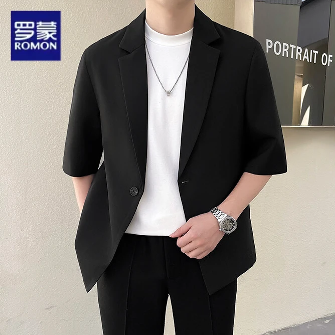 罗蒙黑色春夏季新款休闲轻熟风西装外套韩版潮流薄款七分袖百搭男