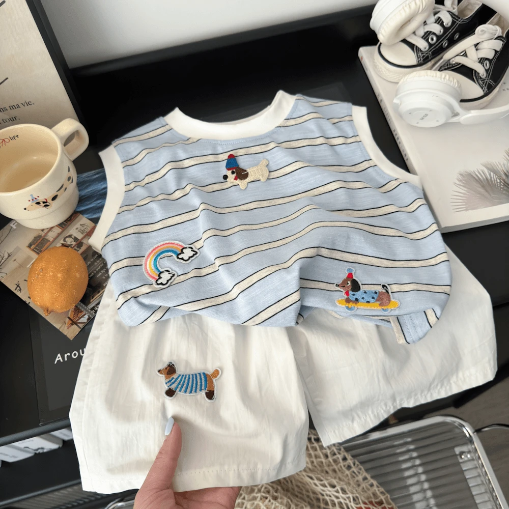 2025夏季新款儿童韩版爆款休闲百搭宽松卡通背心套装