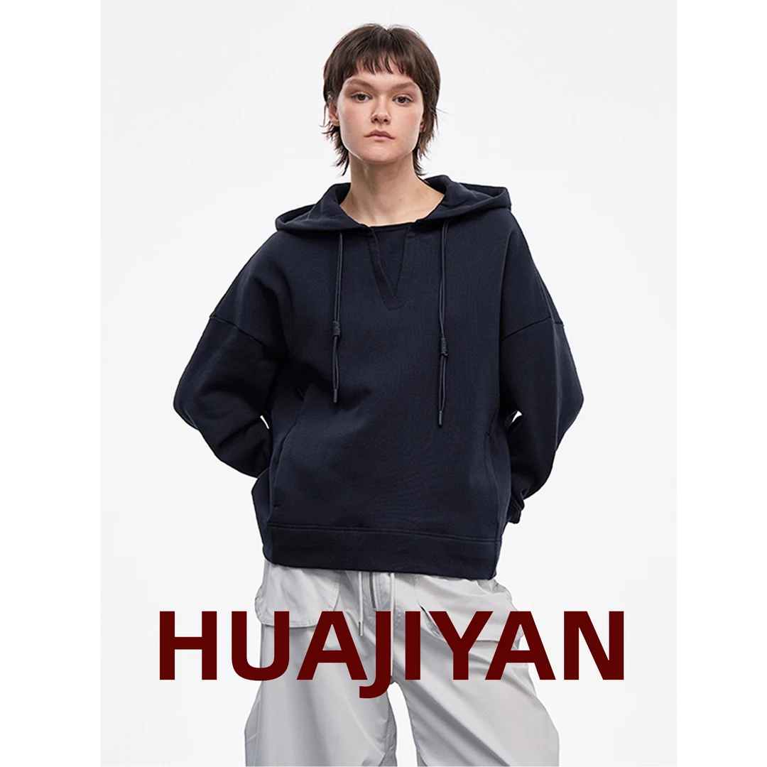 华吉言/HUAJIYAN【洲际】纯棉立裁连帽手工帽绳经典百搭落肩卫衣