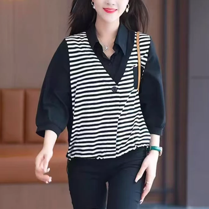 2025早秋新款假两件条纹衬衫时尚百搭气质小衫洋气女上衣9081长54