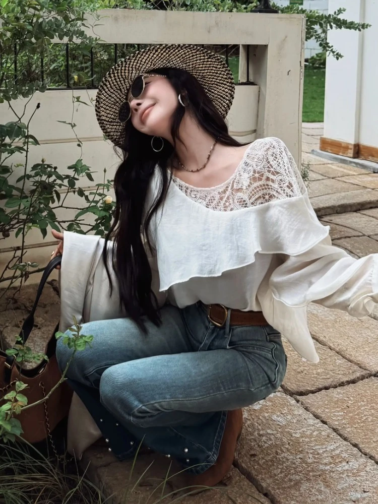 法式独特精致小衫气质宽松慵懒风设计感白色蕾丝拼接荷叶边衬衫女