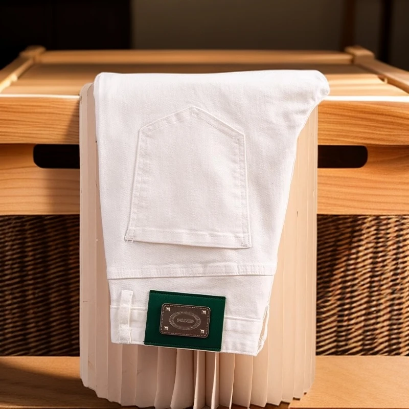 维斯克纳时尚新款夏季薄款白色男士牛仔裤时尚修身小直筒九分男裤