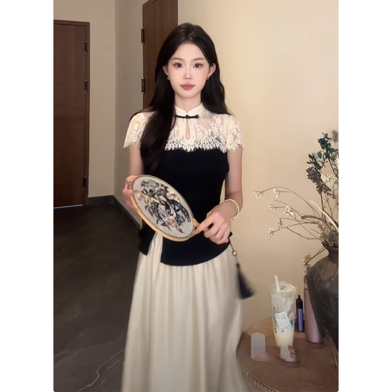 新中式蕾丝气质拼接上衣高腰显瘦半身裙女夏季新款时尚套装两件套
