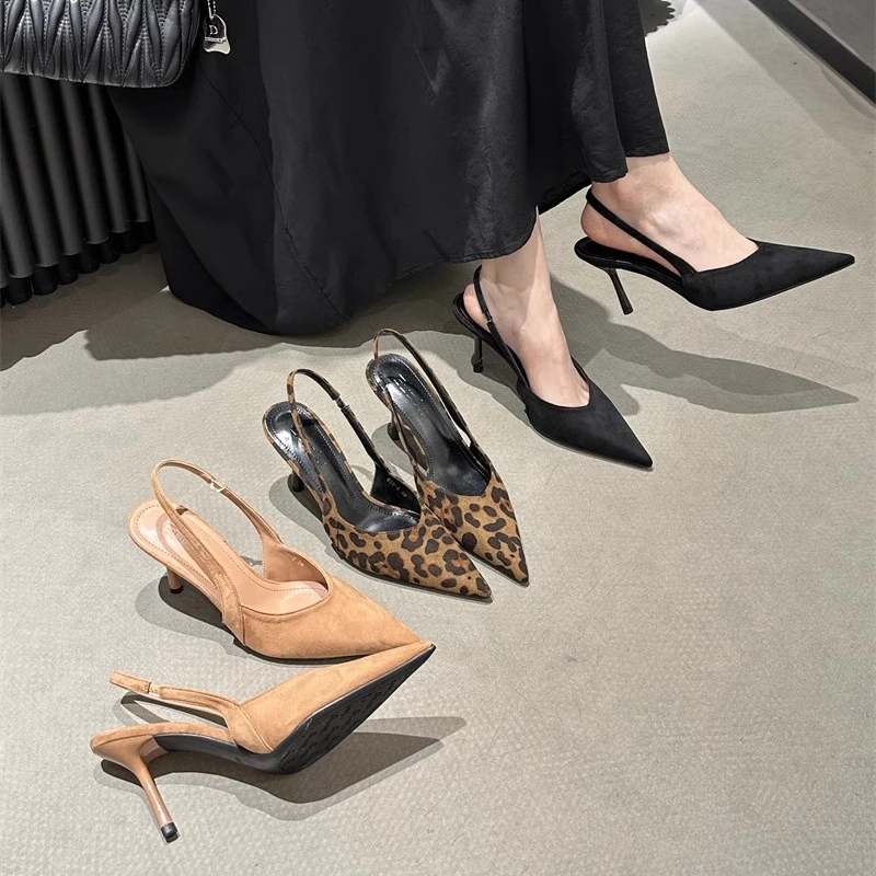 法式尖头镂空百搭细跟高跟鞋2025夏新款仙女风一字带包头少女凉鞋