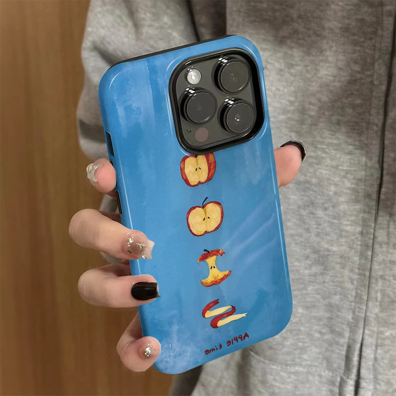 蓝底削皮苹果适用苹果16promax手机壳新款华为二合一网红全包防摔