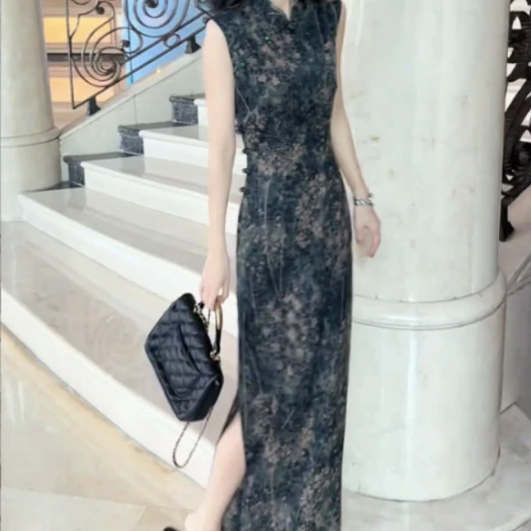 优雅开衩旗袍中长款碎花印花夏季修身连衣裙FJ81002