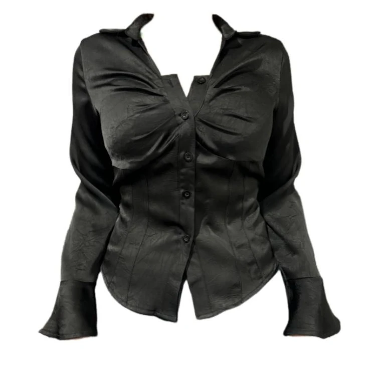 纯欲风拼接褶皱通勤长袖纯色衬衫女春季法式春秋巨显瘦上衣1003